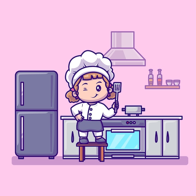 Schattig meisje chef-kok bedrijf spatel in keuken cartoon vectorillustratie pictogram. mensen eten geïsoleerd