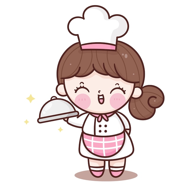 Schattig meisje chef-kok cartoon eten serveren kawaii bakkerij winkel mascotte