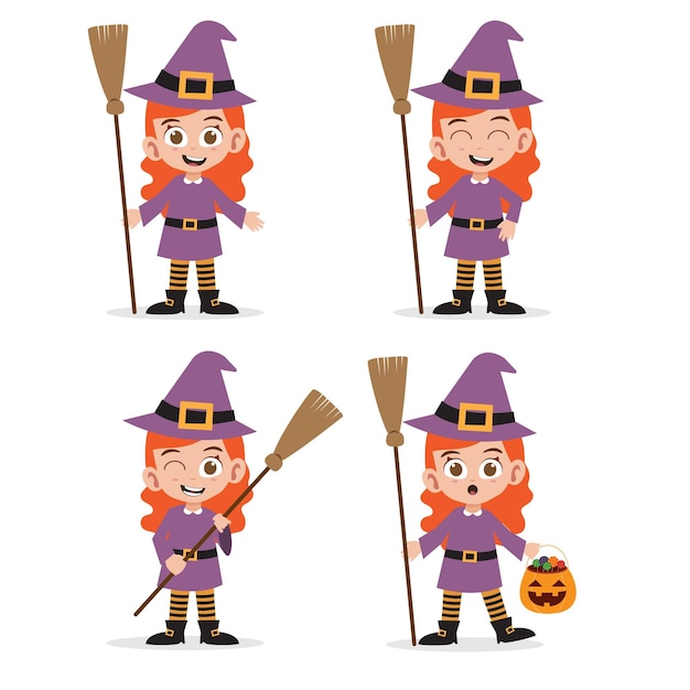 Schattig meisje dat heksenkostuum draagt voor Halloween Stock Vector