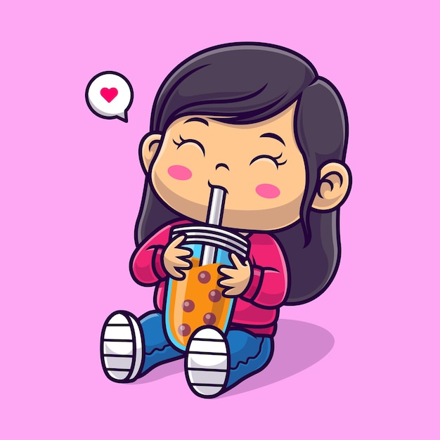 schattig meisje drinkt boba melk thee cartoon vector pictogram illustratie mensen drinken platte cartoon stijl