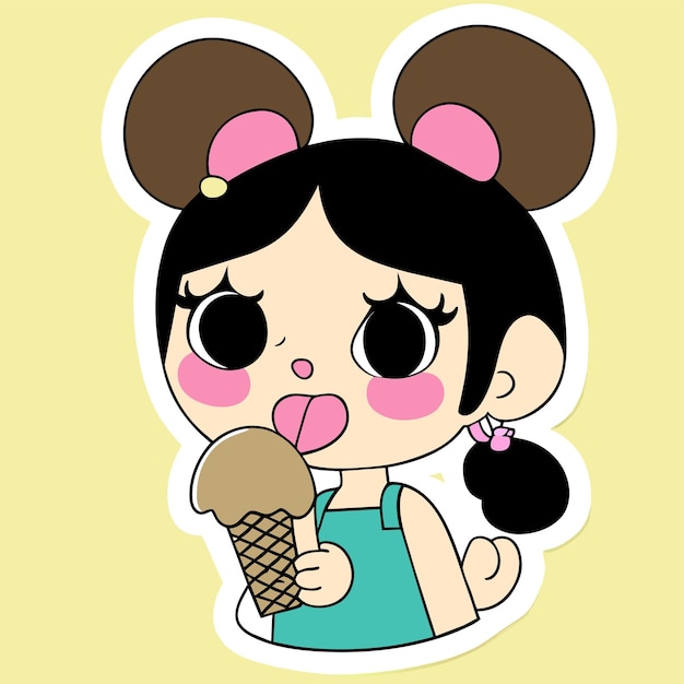 Vector schattig meisje eet ijs hand getekende cartoon sticker pictogram concept geïsoleerde illustratie