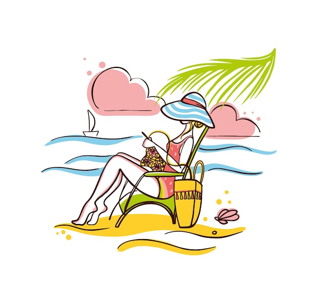 Schattig meisje haken op de playa zomer breien world wide knit in public day vector illustrat