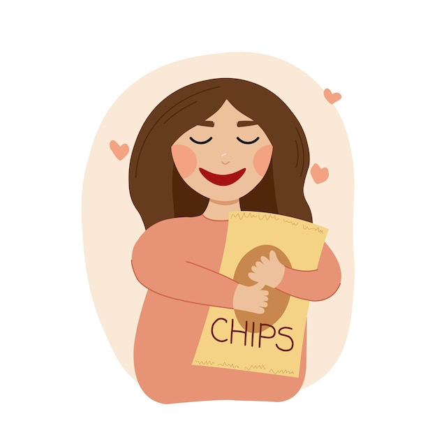 Schattig meisje met chips pakket illustratie Vrouw eten chips Fast food liefde concept