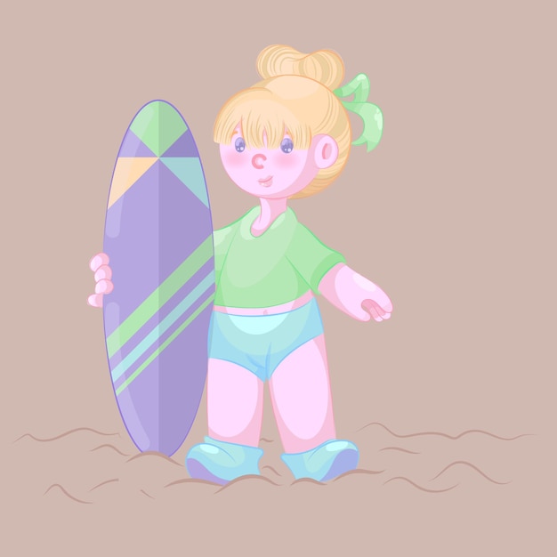 schattig meisje met een surfplank in het strand vectorillustratie