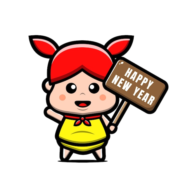 Schattig meisje met gelukkig nieuwjaar tag cartoon afbeelding