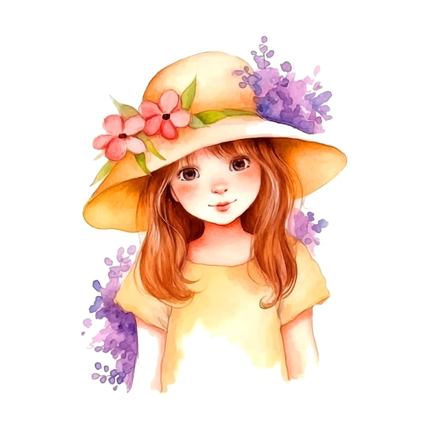 Schattig meisje met hoed en bloemen aquarel ilustration