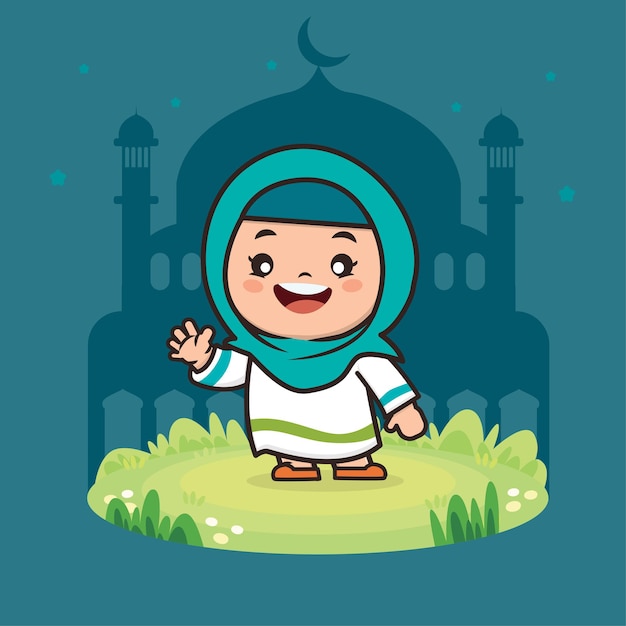 Schattig meisje moslim ramadan cartoon karakter illustratie