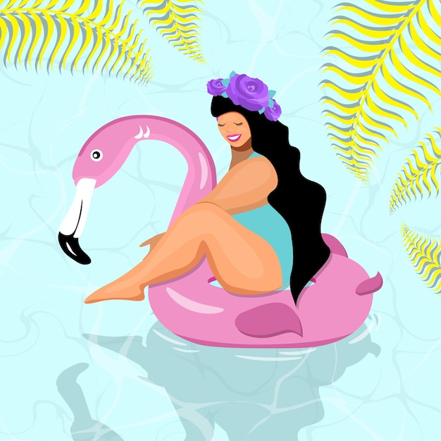 Schattig meisje op een opblaasbare flamingo in zwembad platte vector illustratie float ringen