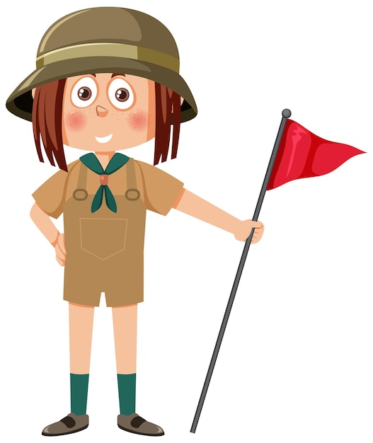 Schattig meisje scout stripfiguur met vlag