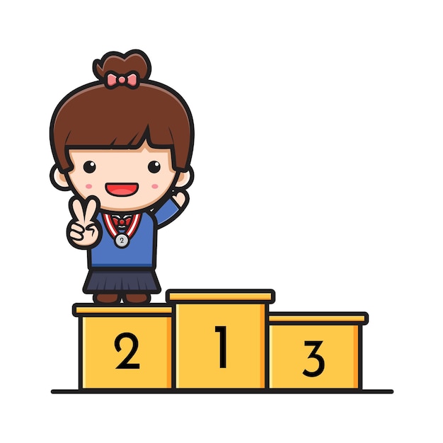 Schattig meisje student permanent op podium rang twee cartoon pictogram vectorillustratie. ontwerp geïsoleerd op witte platte cartoon stijl.