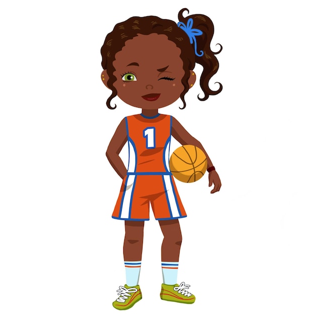 Schattig modieus klein Afrikaans Amerikaans meisje met atletische kleding en basketbal