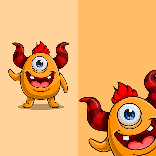 Schattig monster karakter met hoorns en één oog zwaaien. met verschillende weergavehoekpositie, met de hand getekend