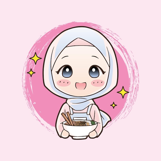 Schattig moslim meisje eet halal ramen noedels voedsel hand getekende cartoon kunst illustratie mascotte logo