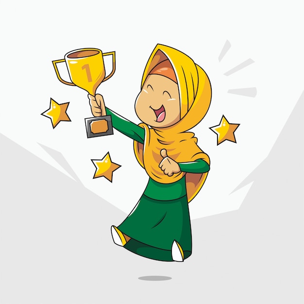 Schattig moslim meisje met een trofee. hijab cartoon