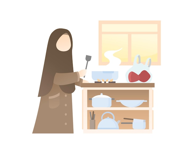 Schattig Muslimah-meisje kookt in de keuken