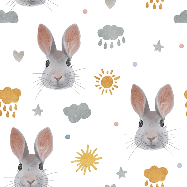 Schattig naadloos patroon met aquarel konijn of paashaas paashazen zon wolken sterren en stippen