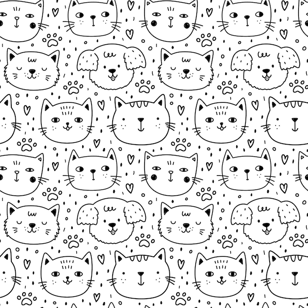 Schattig naadloos patroon met katten en honden op witte achtergrond hand getrokken doodle illustratie