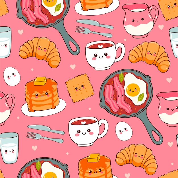 Vector schattig naadloos patroon met kawaii eten voor het ontbijt