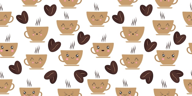 Schattig naadloos vectorpatroon in Kawaii-stijl met espressokopje en koffiebonen Mooie herhaalbare lachende koffiekopafdruk perfect voor het verpakken van papier, textiel