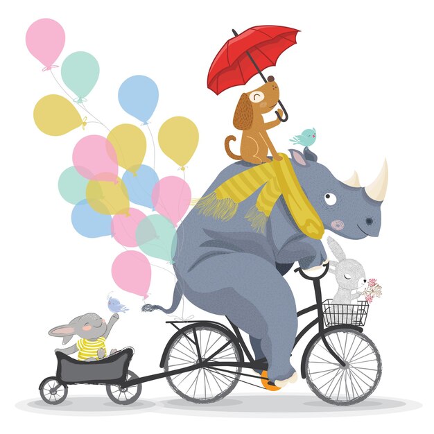 Vector schattig nijlpaard en konijn met fiets circus show illustratie t-shirt graphics dierlijk patroon