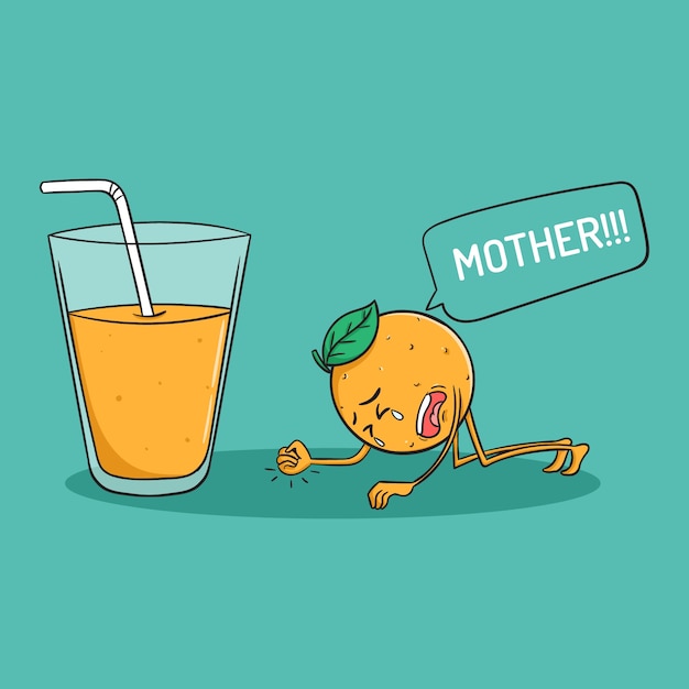 schattig oranje stripfiguur huilen om sinaasappelsap met doodle stijl