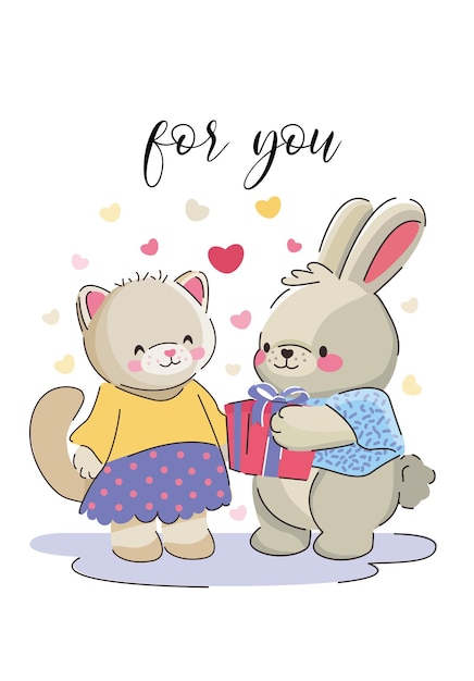 Schattig paar cartoonkatten en konijnen geven een cadeau op een kaart voor een valentijnsdaggroet of gewoon een verticale sjabloon voor een verjaardag om af te drukken