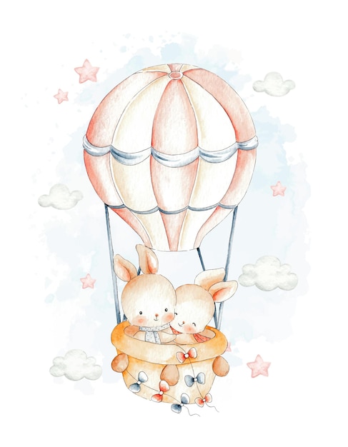 schattig paar konijn vliegen met hete luchtballon aquarel illustratie