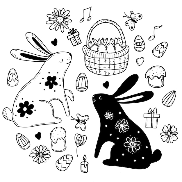 Vector schattig paashaas mandje met eieren en bloemen vogels vlinder en pasen taarten overzicht getrokken doodle