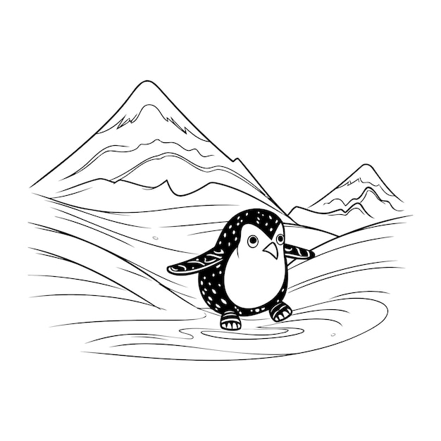 Vector schattig pinguïnbeeldverhaal in het grafische ontwerp van de sneeuwbergen vectorillustratie