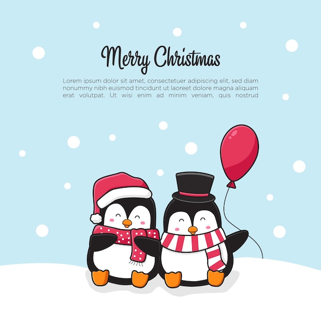 Schattig pinguïnpaar groeten prettige kerstdagen en gelukkig nieuwjaar cartoon doodle kaart achtergrond illustratie platte cartoon stijl