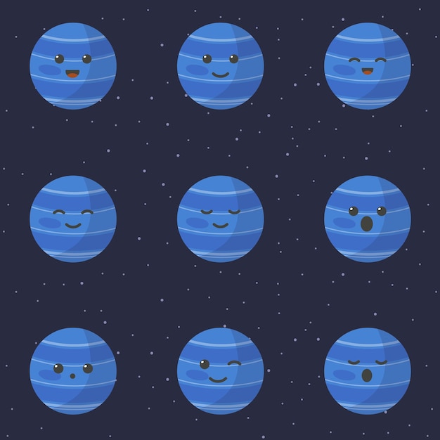 Schattig planeet neptune stripfiguur Set van schattige cartoon planeten met verschillende emoties Vector illustratie