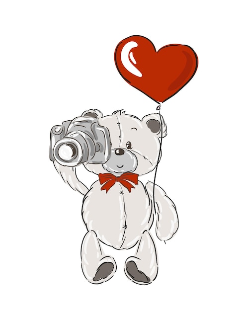 Schattig portret van teddybeer met fotocamera handgetekende grafische kinderafdruk