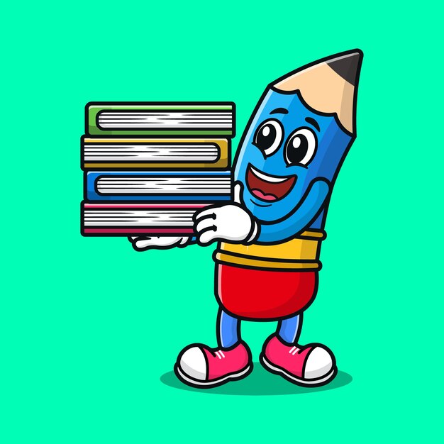 Schattig potlood met enkele boeken mascotte cartoon pictogram illustratie