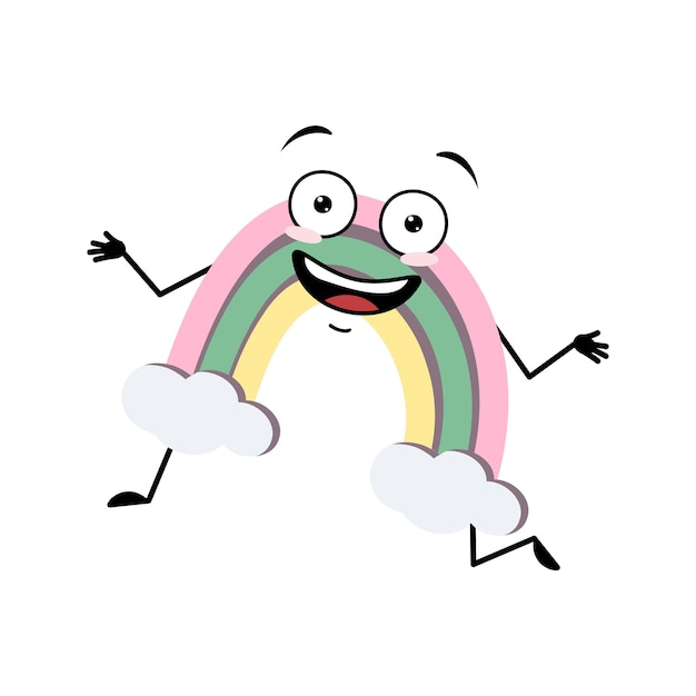 Schattig regenboogkarakter met gekke blije emotie blij gezicht glimlach ogen dansende armen en benen persoon met grappige uitdrukking en pose platte vectorillustratie