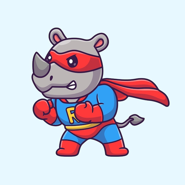 Schattig Rhino Super held Cartoon vectorillustratie pictogram. Dierlijke vakantie pictogram concept geïsoleerd Premium
