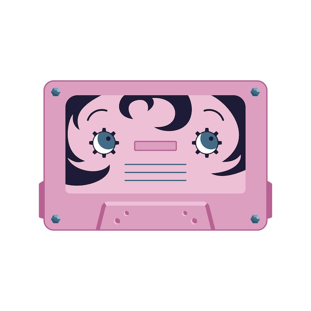 Schattig roze cassettebandje vrouw karakter. Oude muziekspeler vectorillustratie. Retro cassette cartoon afbeelding voor logo, stickers, prints. Platte stijl. Premium Vector