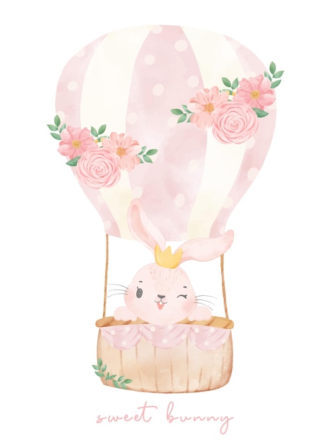 Schattig roze konijntje op zoete bloemen hete luchtballon aquarel schattige kinderkamer dieren hand schilderij