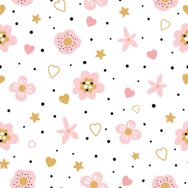 Schattig roze naadloze bloemmotief voor kinderen baby kleding stof textiel beddengoed swaddles nachtkleding nachtkleding pyjama's Hand getrokken bloem harten vectorillustratie behang voor kleine baby meisje ontwerp