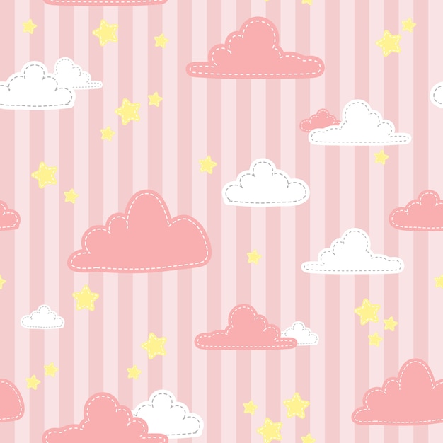 Schattig roze streep hemel en cloud cartoon doodle naadloze patroon