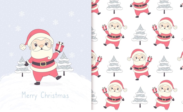 Schattig santa claus hand getrokken kerst doodle naadloze patroon en kerstkaart