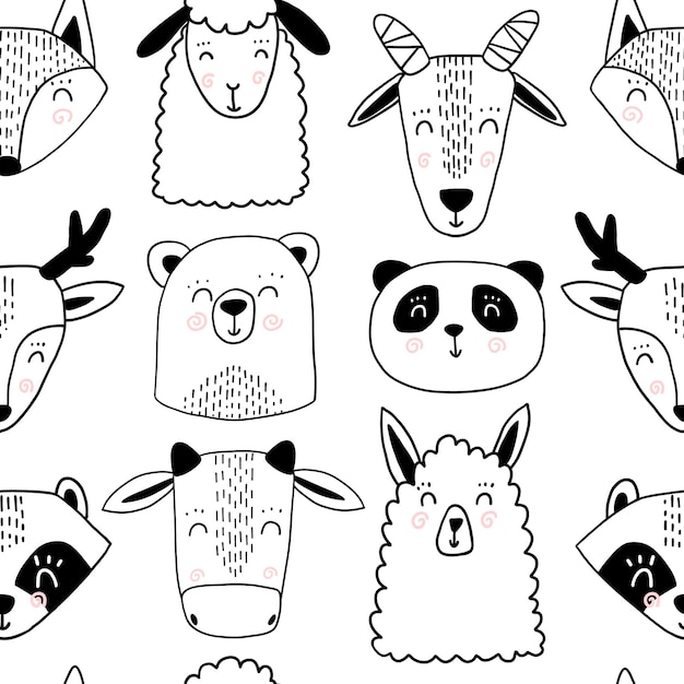 Schattig scandinavisch dier naadloos patroon Panda schapen geit lama beer herten wasbeer vos dieren gezichten