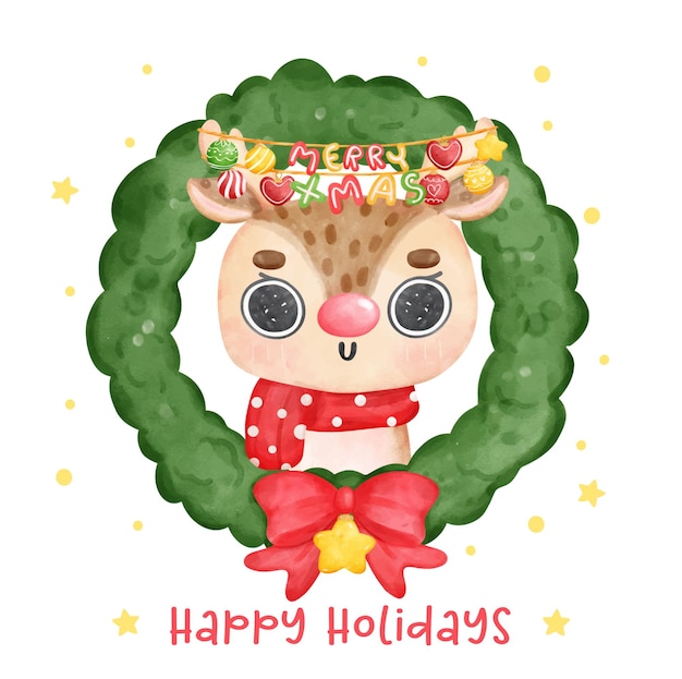 Schattig schattig kerst rendier dier in groene feestelijke krans Happy Holiday cartoon dier karakter aquarel hand tekenen vectorillustratie