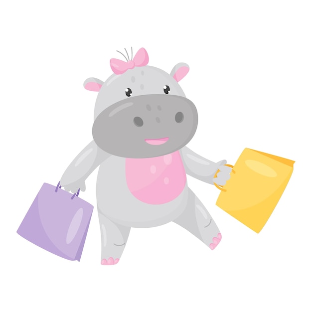 Schattig schattig nijlpaard met een roze boog loopt met boodschappenzakken schattig monster dier cartoon personage vector illustratie geïsoleerd op een witte achtergrond