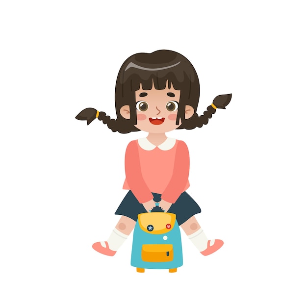 Schattig schoolmeisje springen met rugzak Happy cartoon student Schattig Aziatisch babymeisje met staartjes