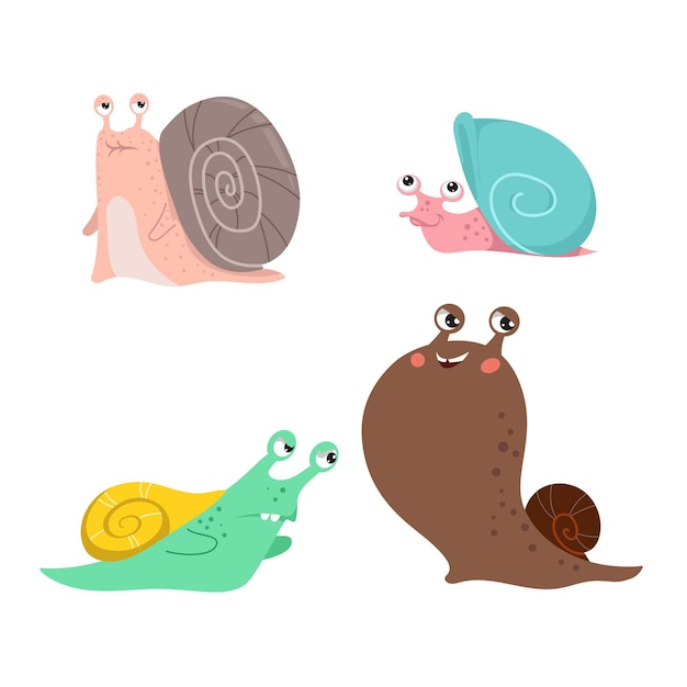 Schattig slakken set Verschillende snailpaced slakken jong en oud sterk en lopende grappige slak tekens collectie vectorillustraties geïsoleerd op witte achtergrond