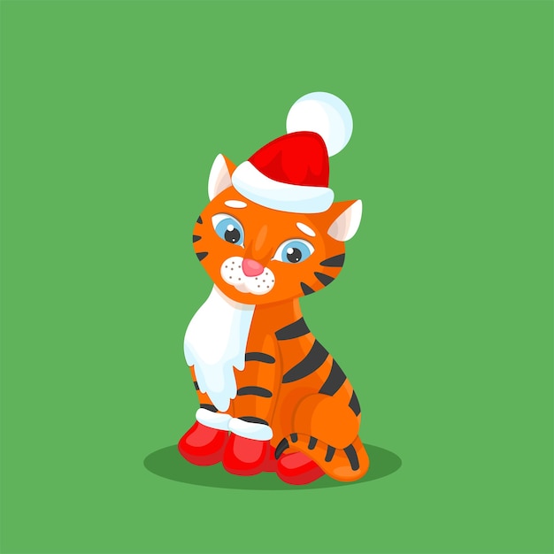 Schattig tijgerkarakter met kerstmuts en wanten Grappige ansichtkaart met dierensymbool van het jaar
