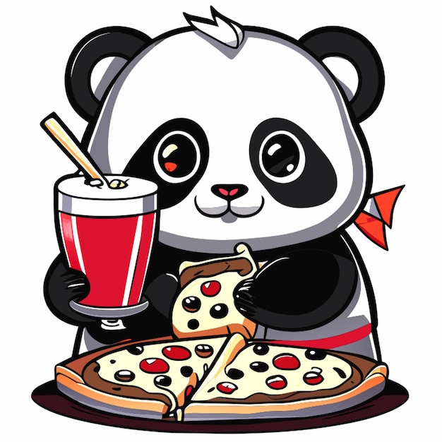 schattig uitziende muai thai panda die pizza eet met een cocktail vector illustratie