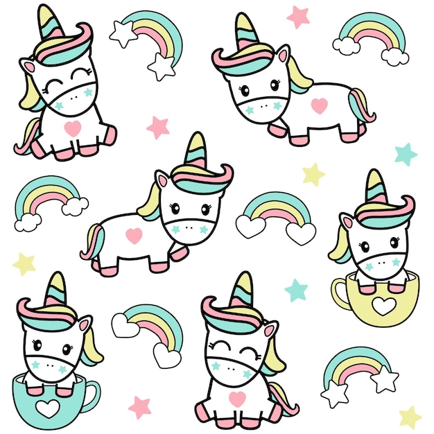 Schattig Unicorn en Rainbow hand getekend Art Design voor t-shirt, wenskaart of poster ontwerp achtergrond vectorillustratie.