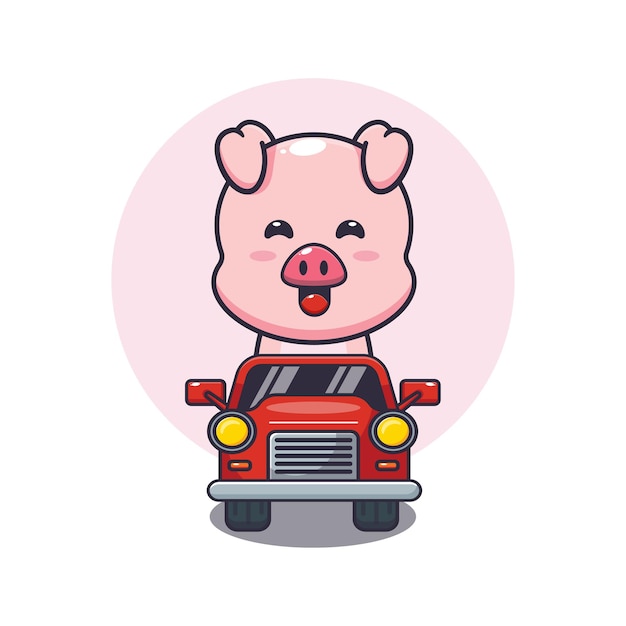 schattig varken mascotte stripfiguur ritje op auto