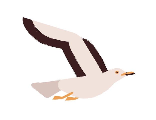 Schattig vliegende arctische vogel platte vectorillustratie. Kleurrijke zeemeeuw die vleugels opheft die op witte achtergrond worden geïsoleerd. Mooi polair wild gevleugeld schepsel. Noordse zeevogel, zeemeeuw.